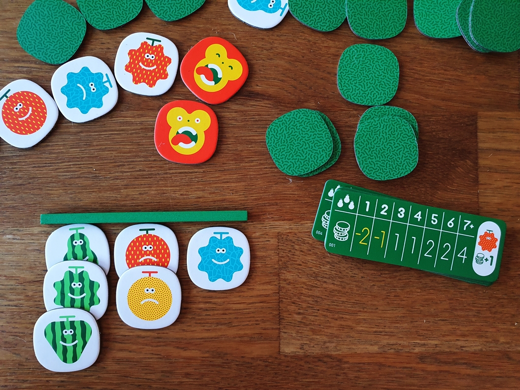 Sammlung eines Spielenden, eine Marktkarte und Chips in der Tischmitte