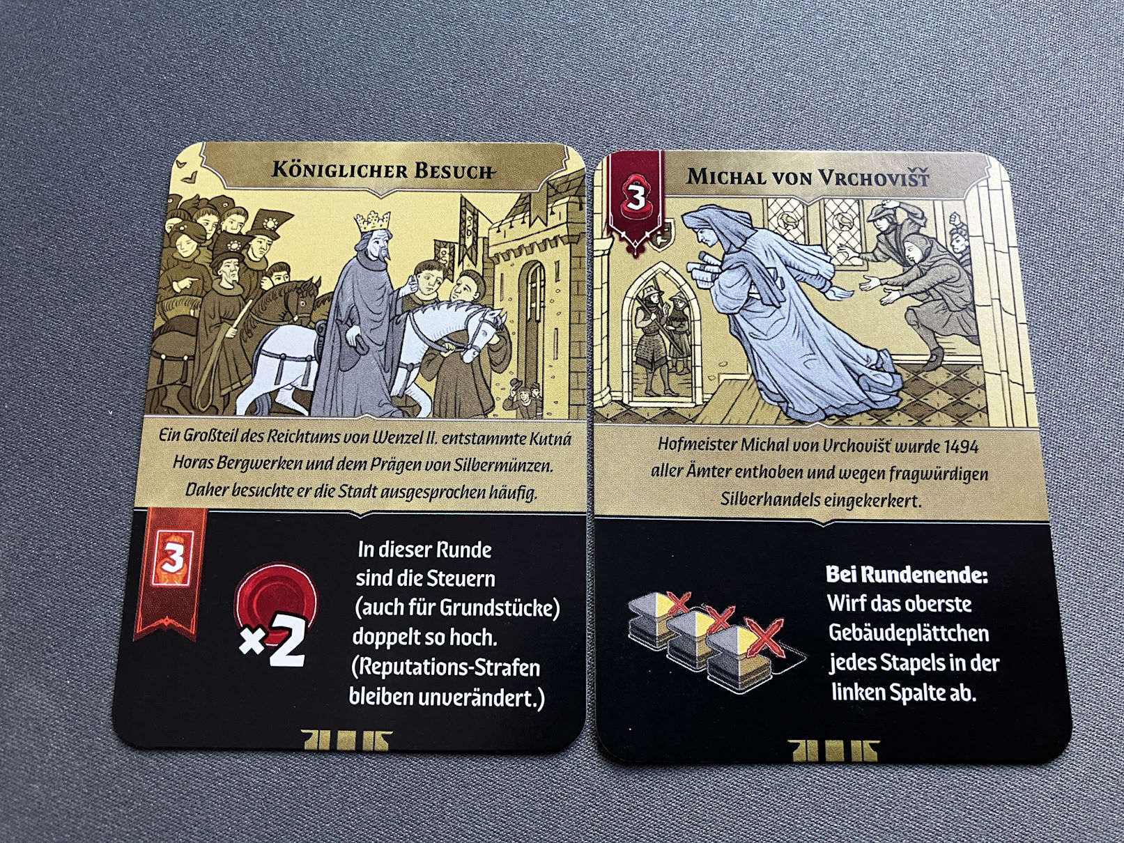 Zwei der optionalen Ereigniskarten im Spiel