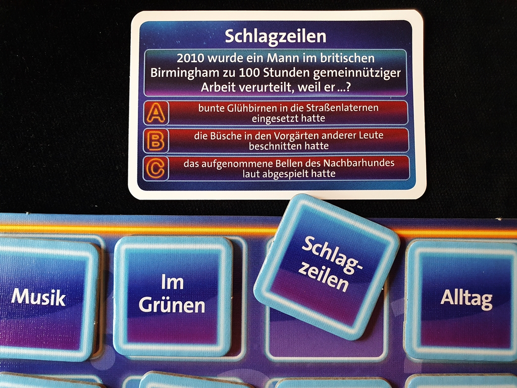 Eine gewählte Kategorie und die Fragekarte dazu