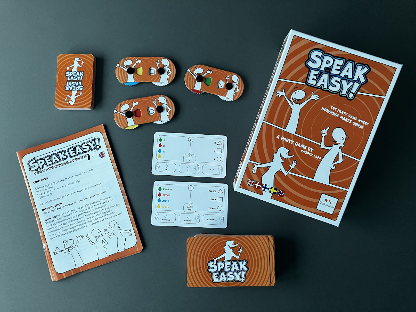 Der Inhalt des Spiels in der Übersicht: Karten und Wählscheiben für geheimes Raten.