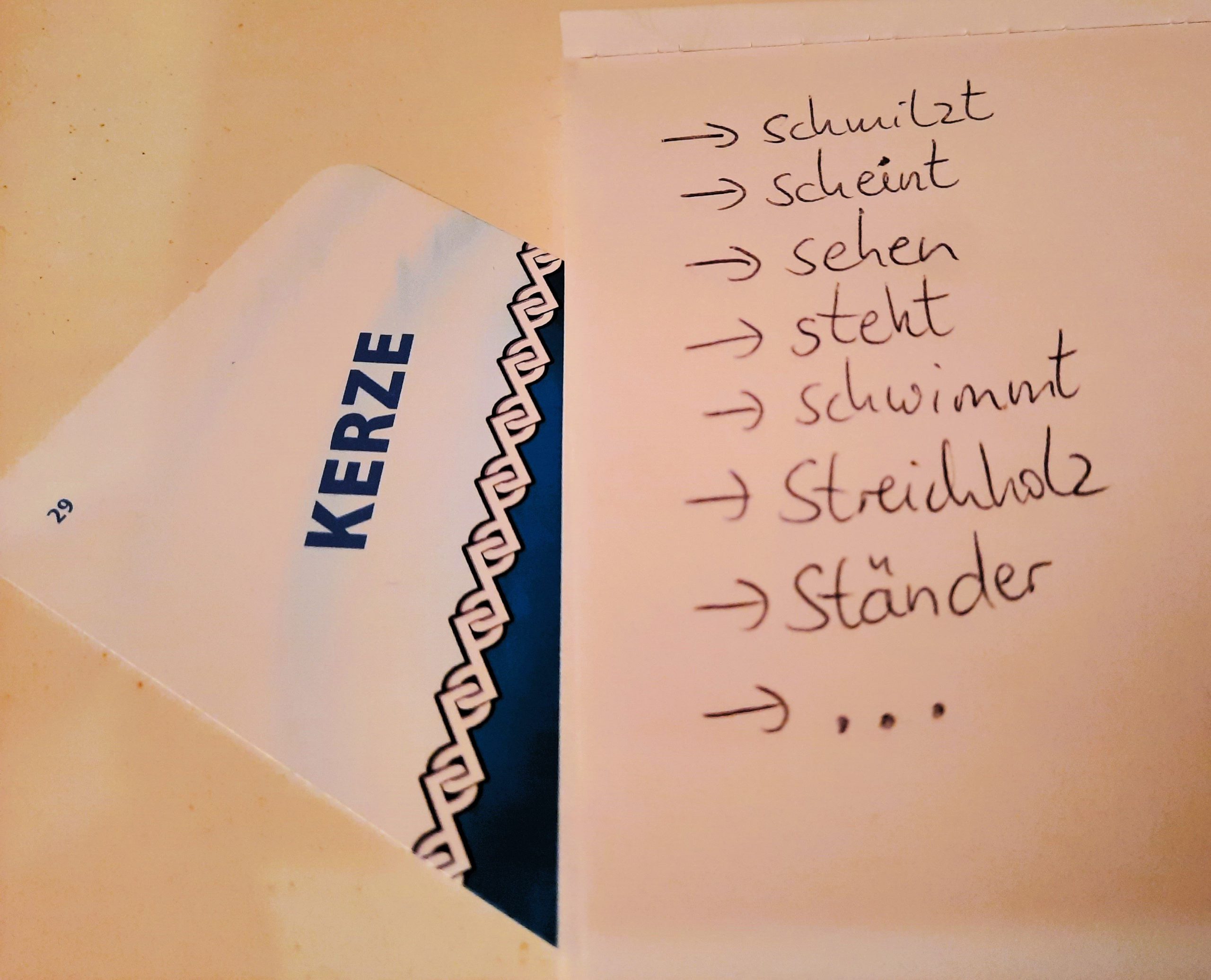 Der Begriff "Kerze" steht auf der Karte und dazu wurden Wörter mit S auf einem Blatt Papier gesammelt.