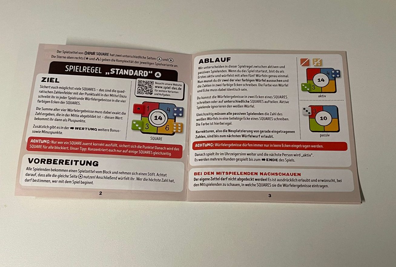 Auf dem Bild ist die Spielanleitung von Colour Square zu sehen.