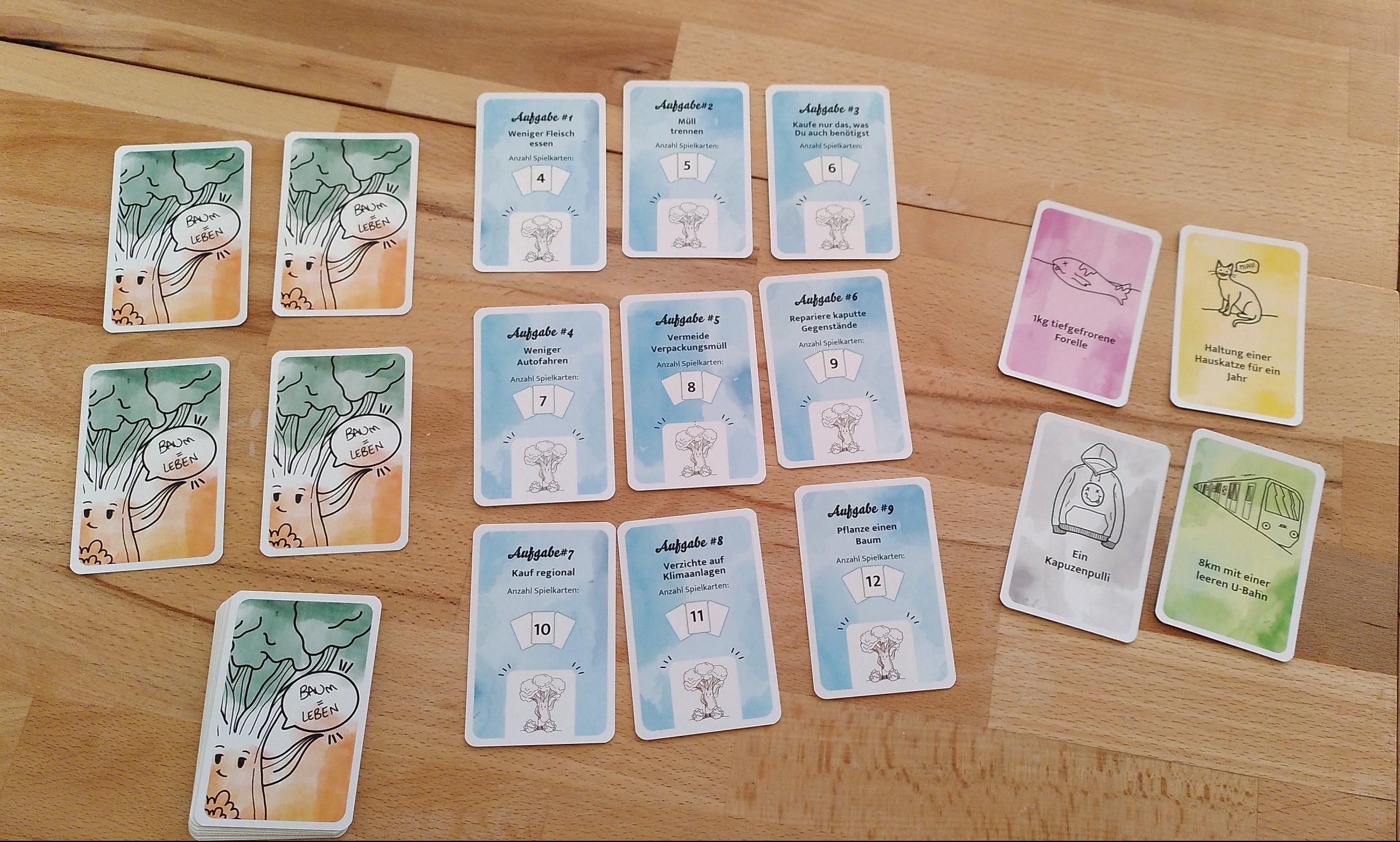Wir haben für die Kooperative Spielvariante noch all 12 Level vor uns. Für das erste Level liegen 4 Karten zum Sortieren bereit. Insgesamt haben wir 4 Leben.