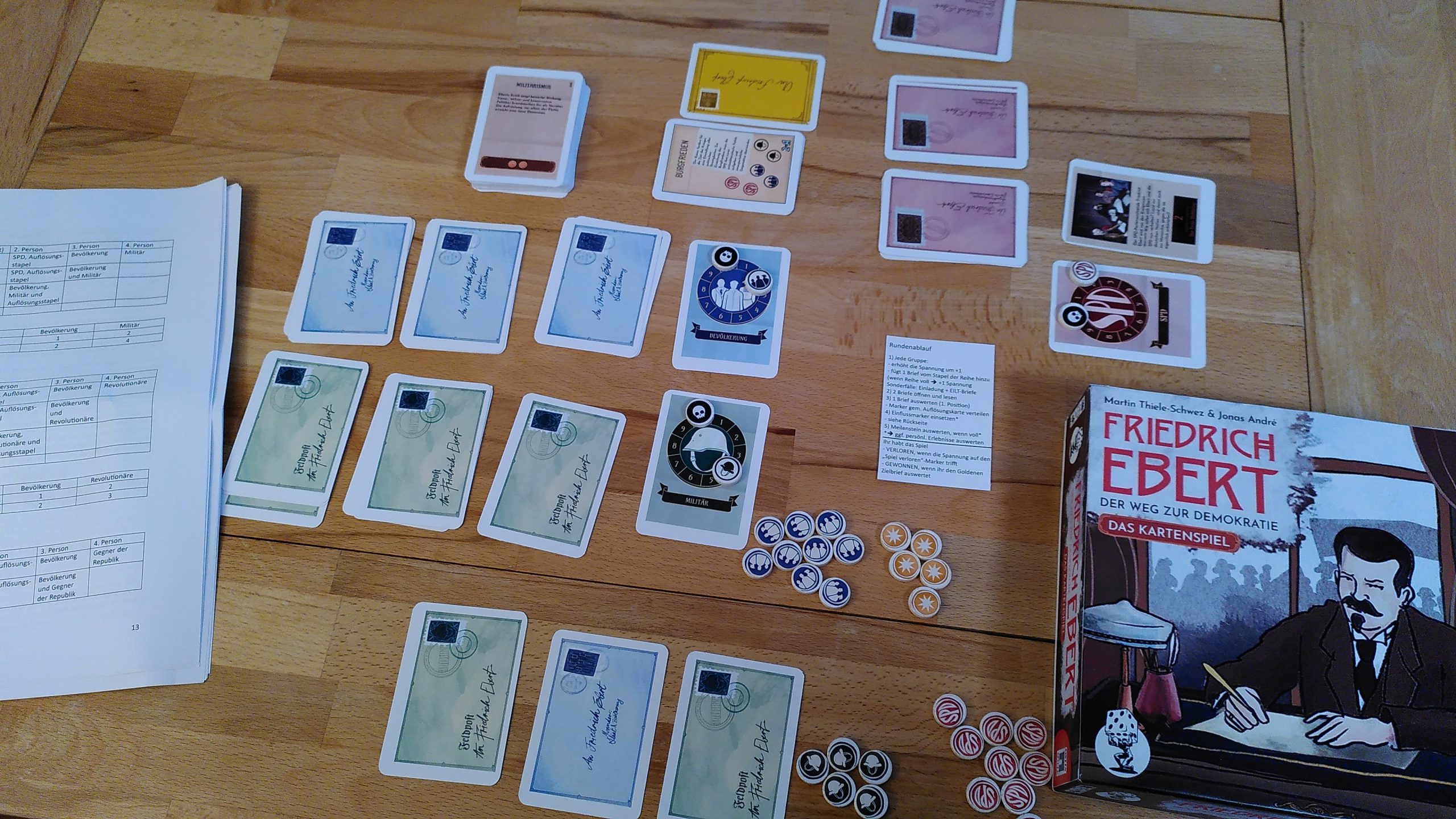 Überblick über den Spielaufbau für Kapitel 2 mit zwei Spielenden; Mit den Interessensgruppen SPD, Bevölkerung und Militär