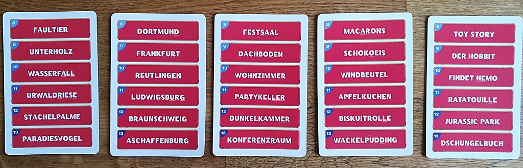 Fünf Beispiele von Wortkarten für die Schlussrunde