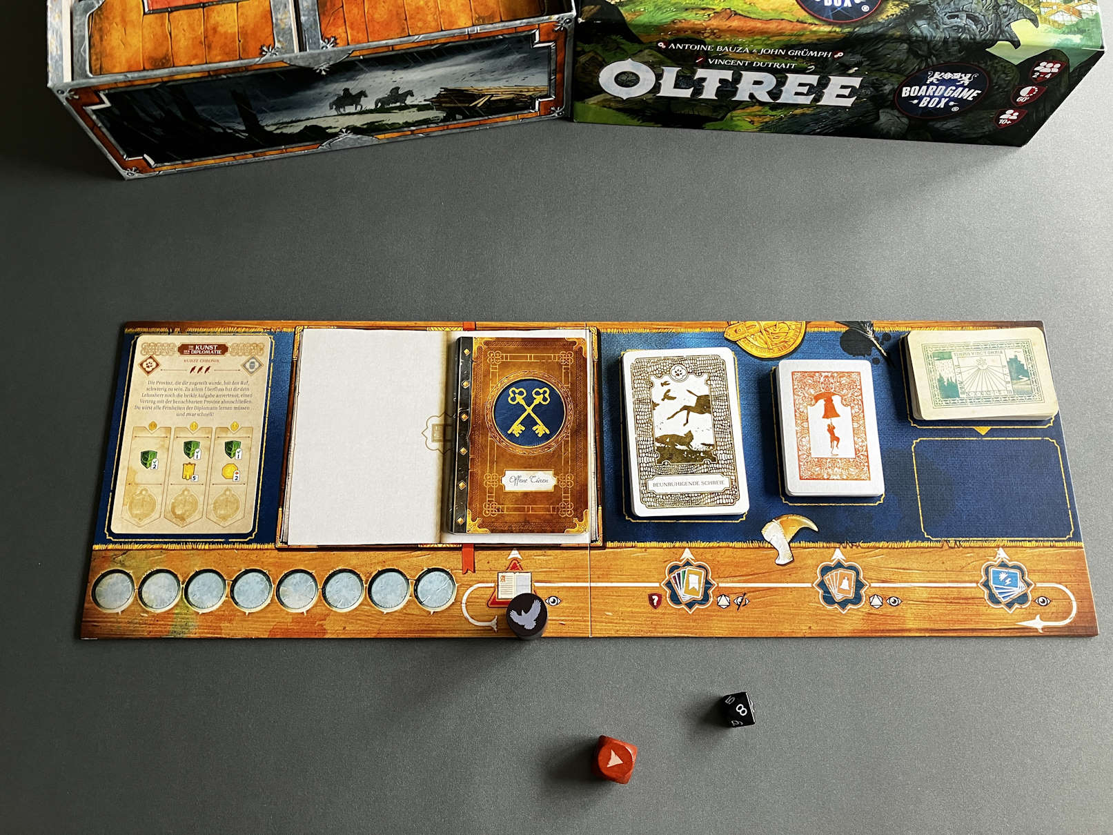 Blick auf den Verwaltungsplan des Spiels - mittels Würfel und Karten wird hier Geschichte erzählt.