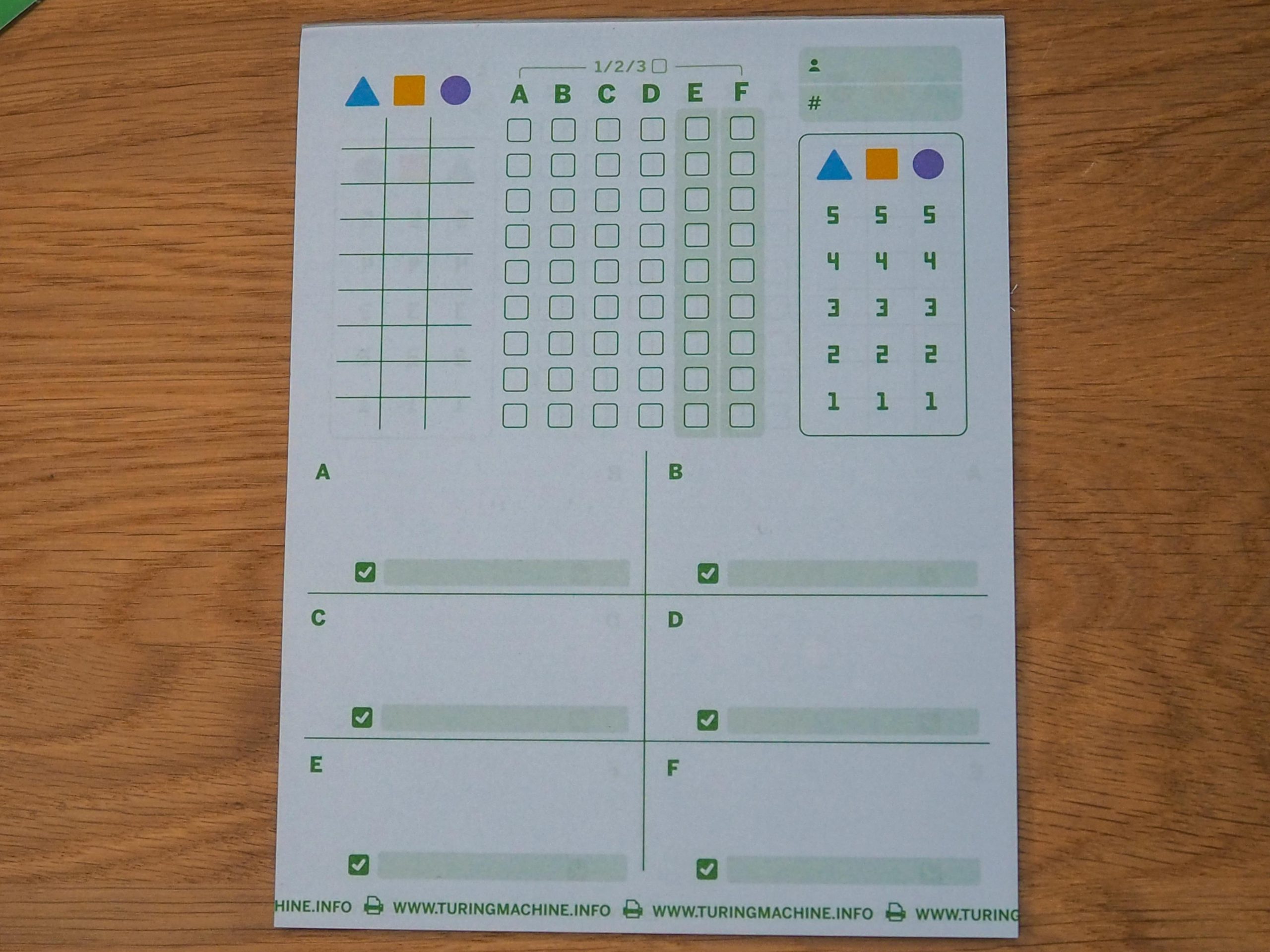 Block mit verschiedenen Bereichen, um die Ergebnisse von den Kontrollkarten einzutragen.