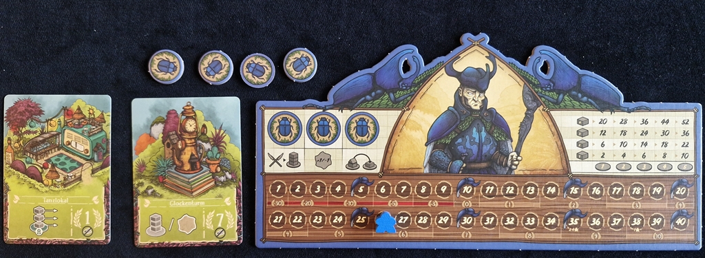 Geheime Auftragskarten, Spielertableau und Aktionsmarker