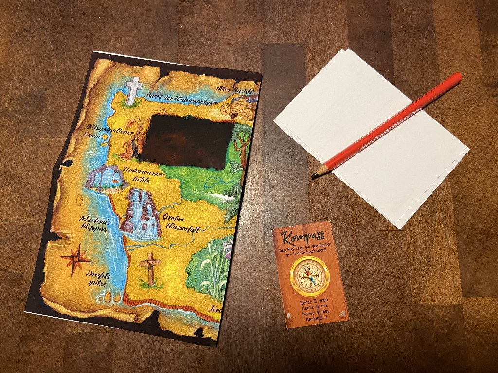 Schatzkarte, Kompasskarte und Zettel und Stift