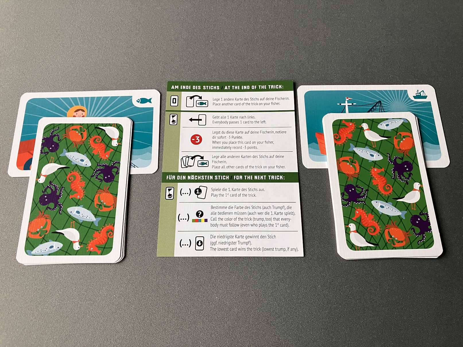 Blick auf den Tisch. Links der Stapel mit gewonnenen Stichen. In der Mitte die Spielhilfe. Rechts Stiche aus vorherigen Runden als Nachziehstapel.