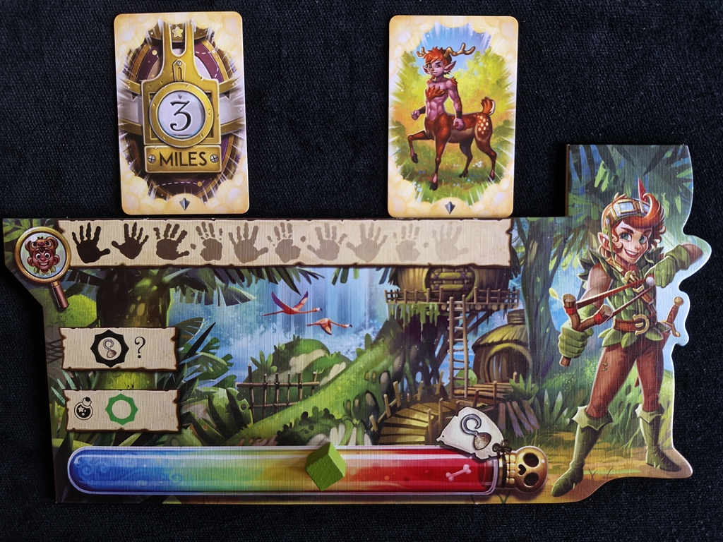 Zwei Karten geben mit ihrer Positionierung auf der Skala Hinweise, ebenso der Marker, wie groß die Gefahr einer Begegnung mit Hook ist