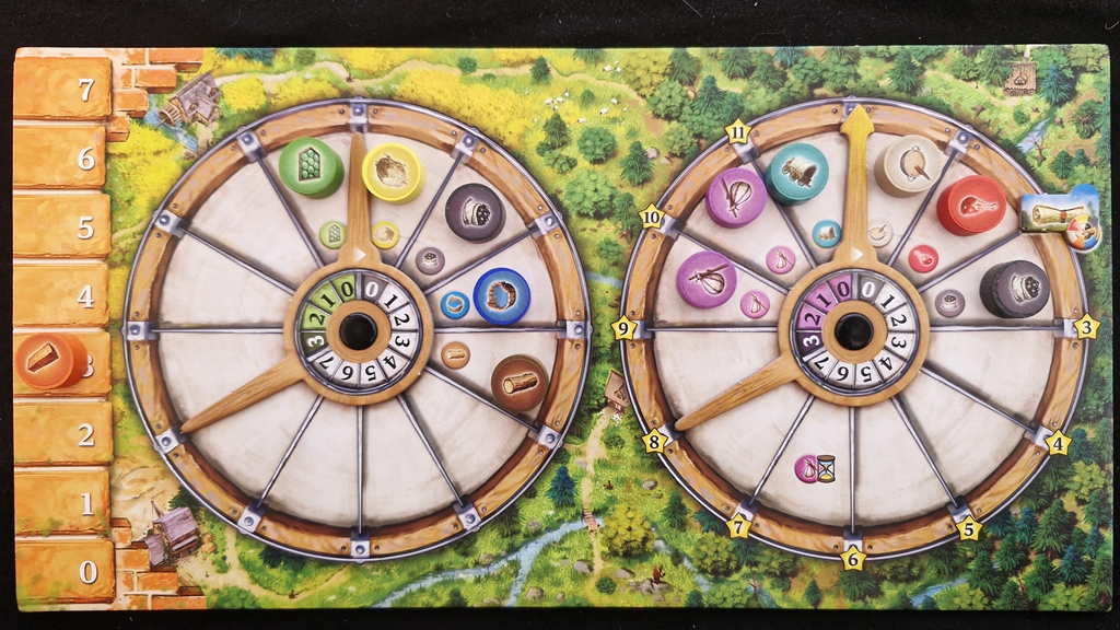 Die beiden Ressourcenräder für jeweils einen Spielenden