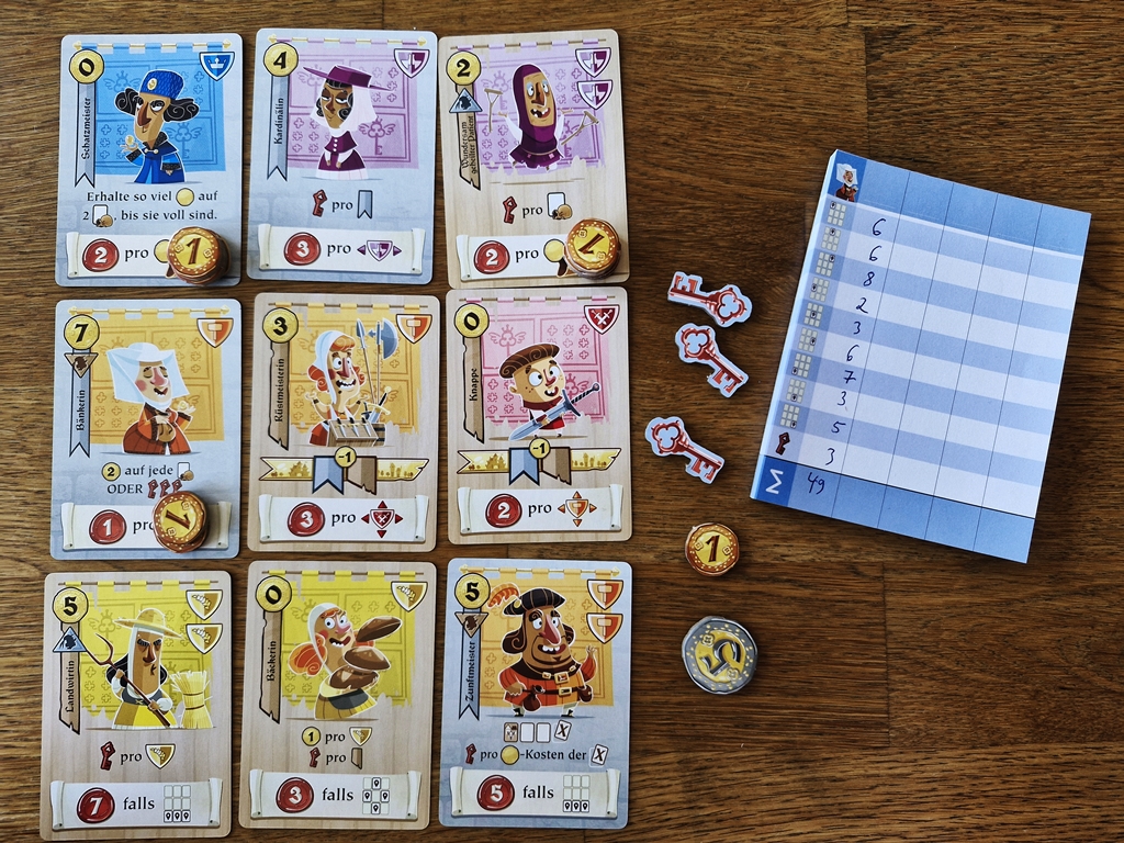 Die Auslage eines Spielenden mit neun Karten und der Auswertung auf dem Block