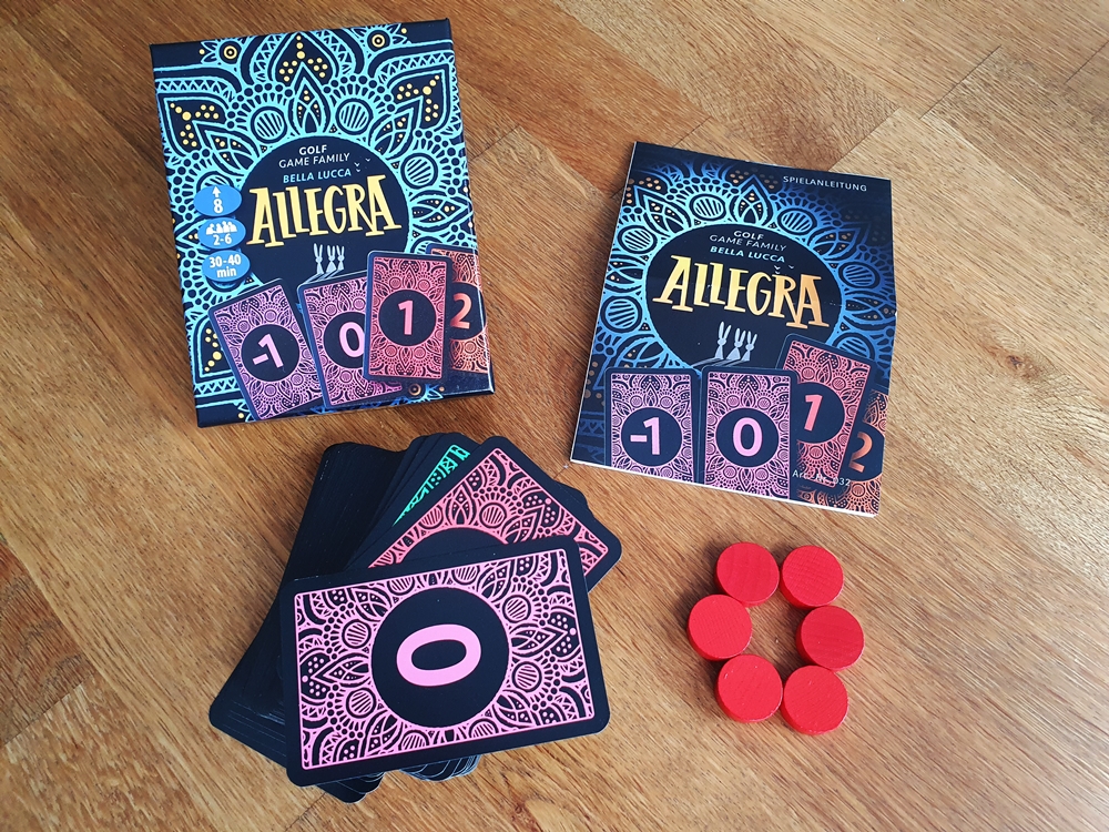 Spielkarton, Anleitung, Karten, rote Holzchips