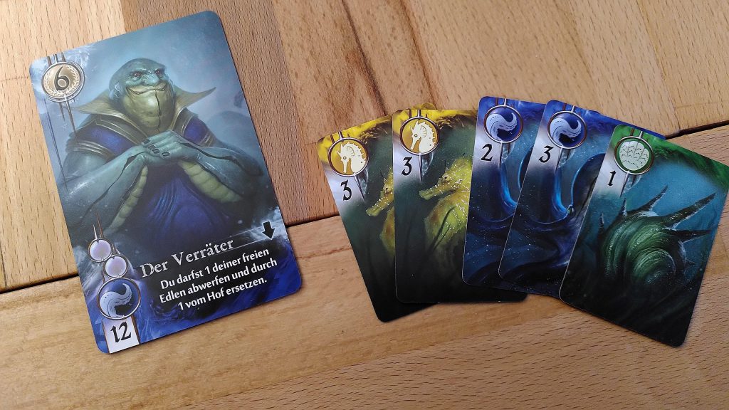 Ein Edler in blau und eine mögliche "Bezahlung" durch Ratsmitglieder in drei verschiedenen Farben.