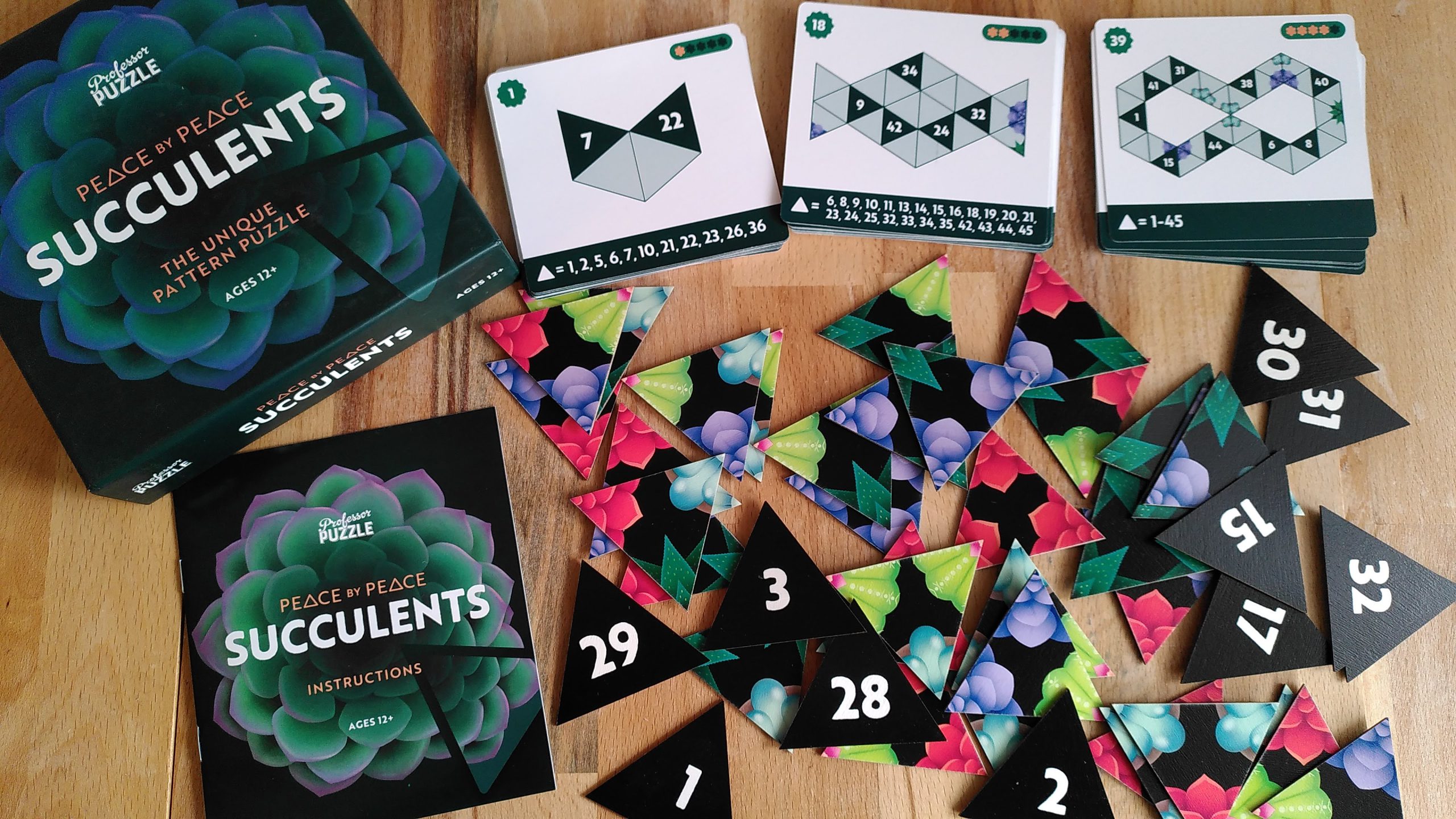 Überblick über die Schachtel, die Rätselkarten und die Puzzleplättchen mit Zahlen auf der Rückseite