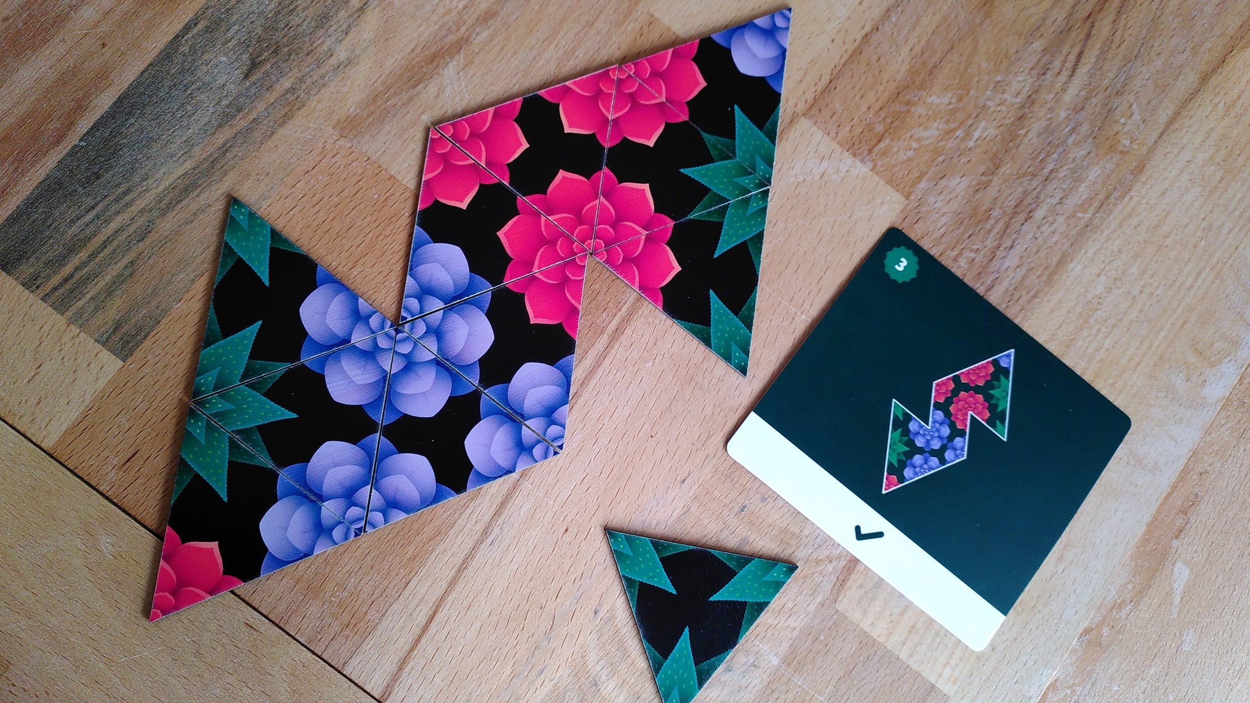 Auf der Rückseite der Aufgabenkarte sehe ich, dass mein Pflanzenmuster mit dem der Lösung übereinstimmt. Ich habe richtig gepuzzelt!