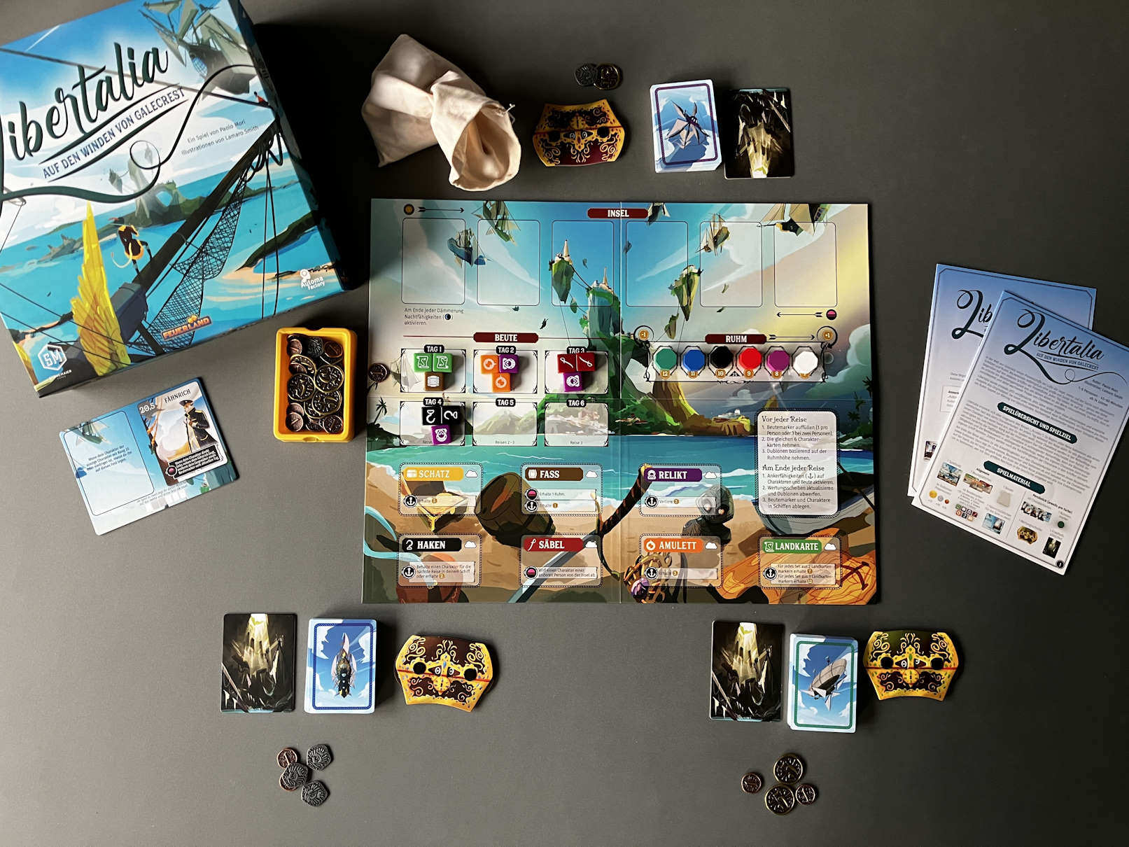 Ein exemplarischer Spielaufbau für eine Partie zu dritt.