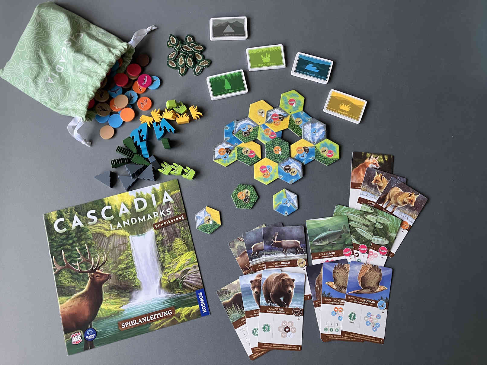 Das Spielmaterial der Erweiterung auf dem Tisch ausgebreitet